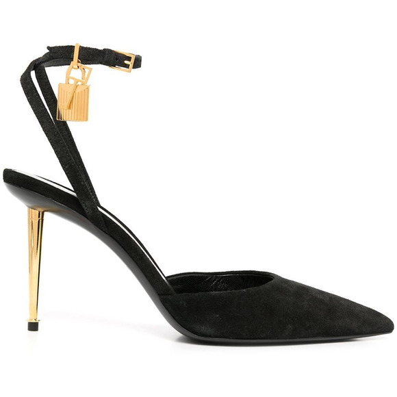 Tom Ford Padlock 85mm Slingback Black Suede Ankle Strap Pointed Toe Heel Pump 36 - Picture 2 of 11